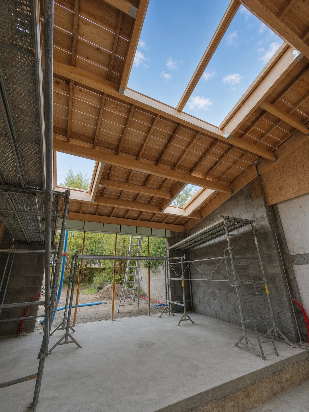Charpente bois en cours de réalisation sur un chantier de Linéaire Menuiserie