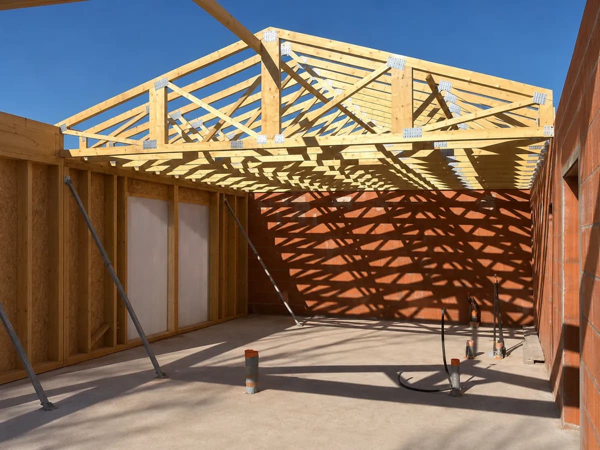 Fermettes industrielles en bois assemblées par connecteurs métalliques, posées sur une maison en construction
