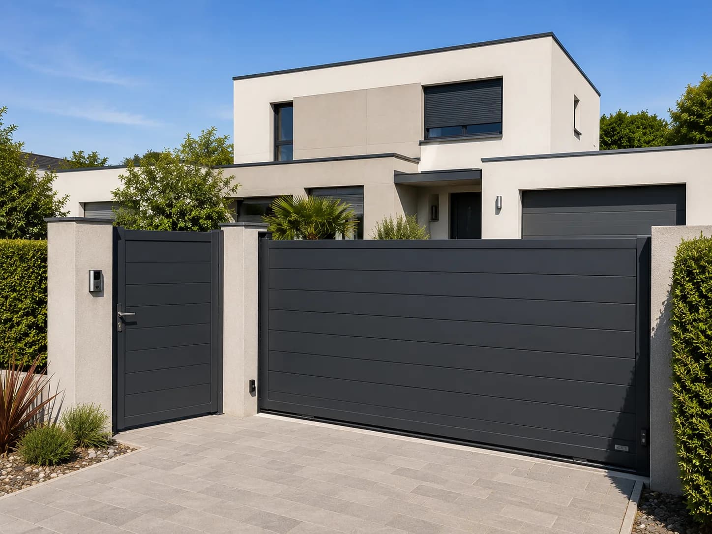Portail coulissant aluminium anthracite avec portillon assorti devant une maison contemporaine