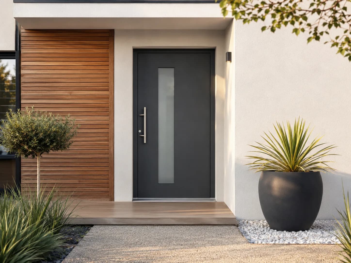 Porte d'entrée aluminium anthracite avec bardage bois, posée dans les règles de l'art