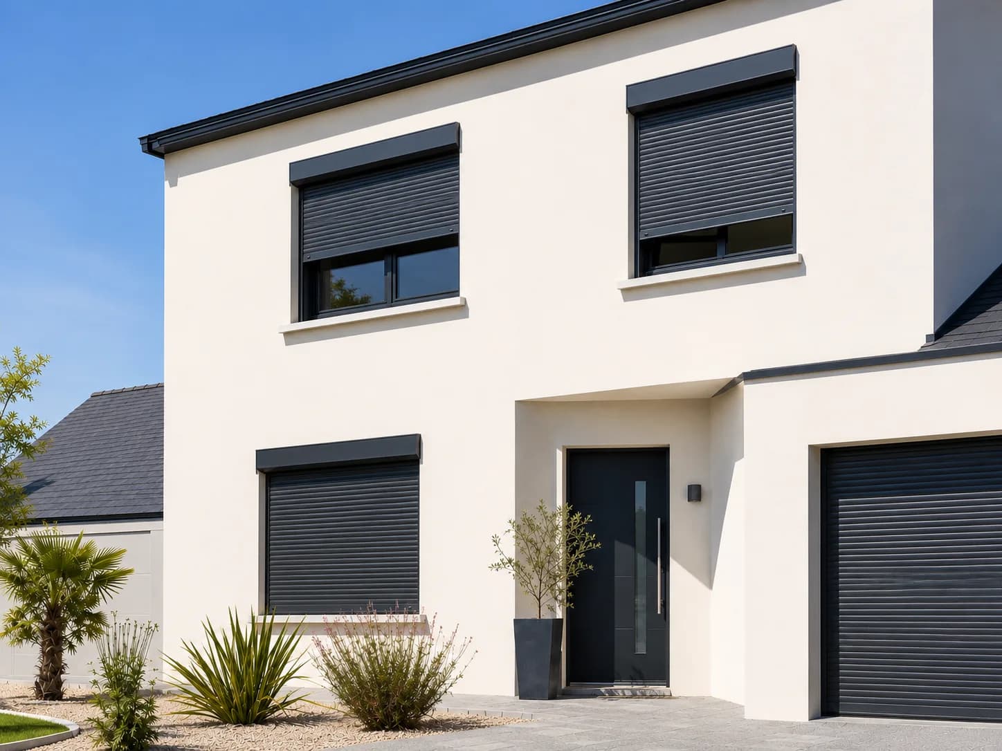Volets roulants aluminium anthracite et porte d'entrée sur une maison contemporaine