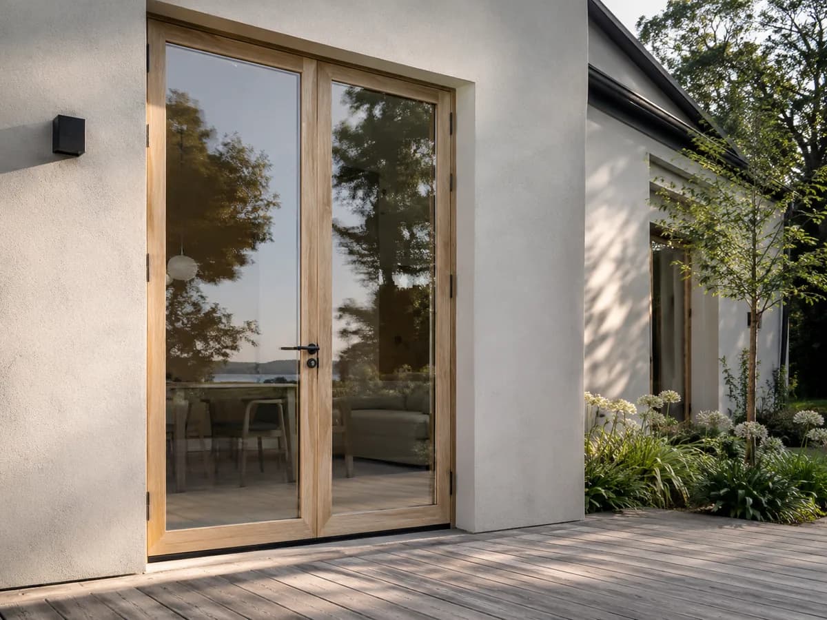 Porte-fenêtre en chêne clair sur mesure ouvrant sur une terrasse bois