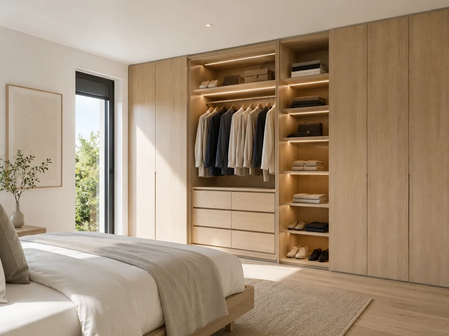 Dressing sur mesure en chêne clair avec penderie et éclairage LED intégré