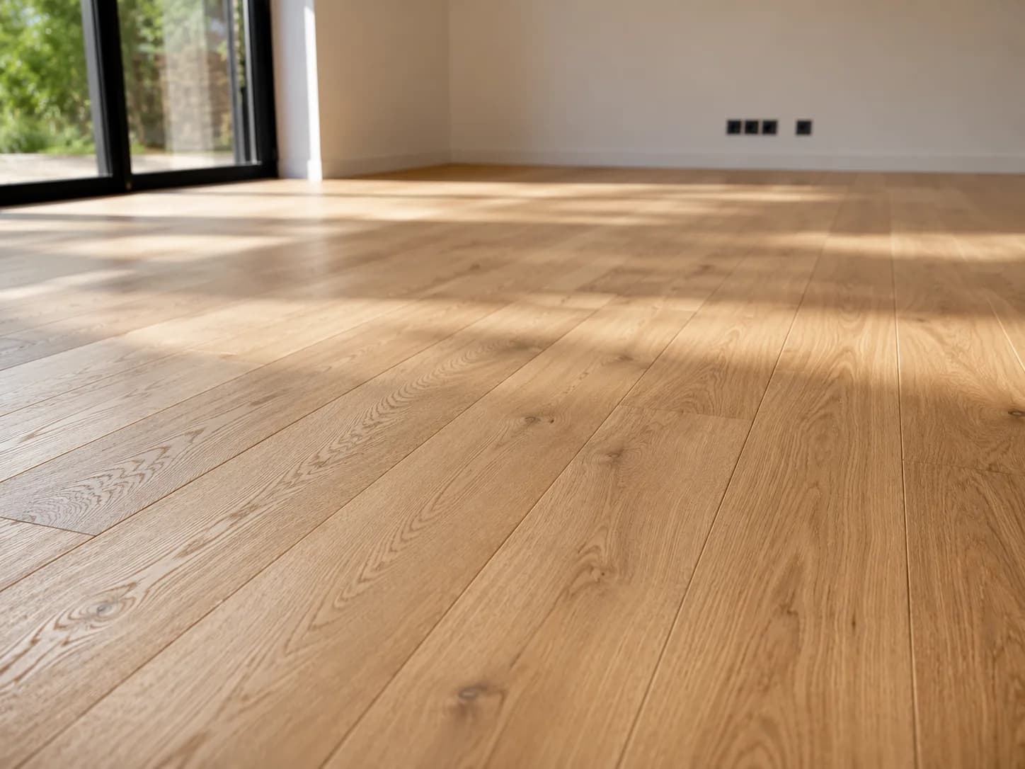 Parquet chêne posé dans un séjour lumineux ouvert sur le jardin