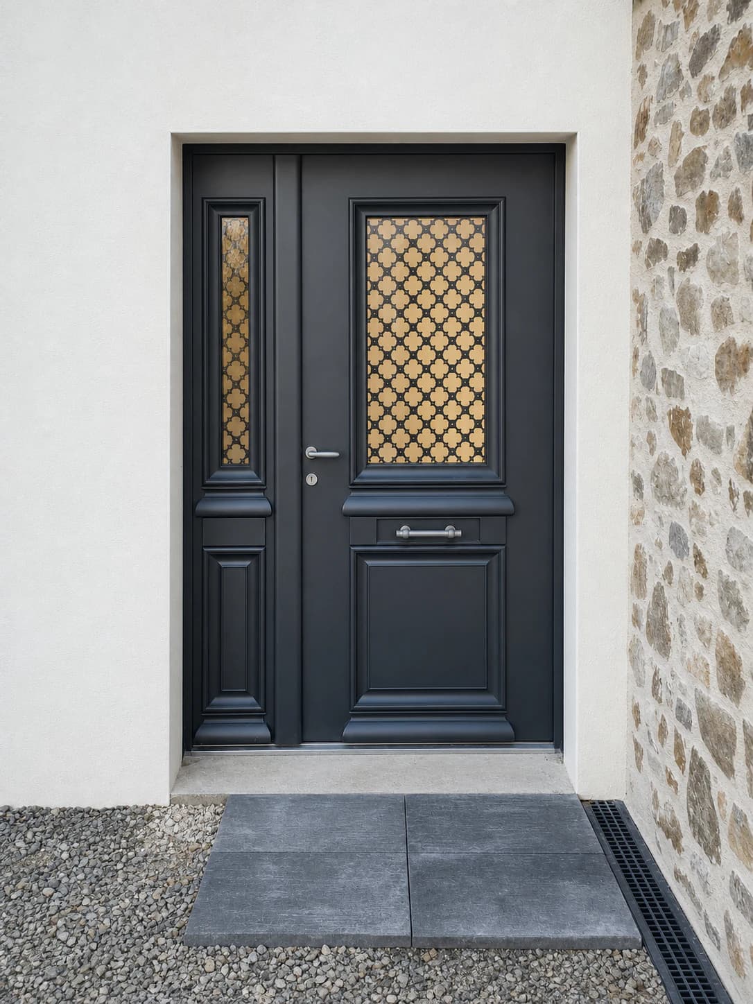 Porte d'entrée anthracite avec vitrage décoratif posée dans un mur en pierre